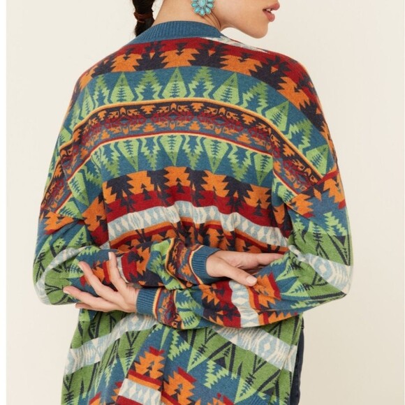 Tasha Polizzi Southwestern Print Cadet Blue Adobe Open Front Cardigan Sweater - Picture 4 of 11